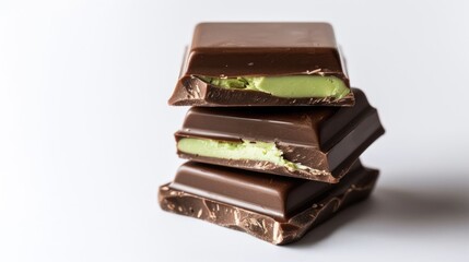 Chocolate bars with pistachio cream filling stacked on white surface, modern dessert