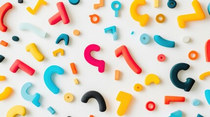 Naklejka premium Colorful plastic numbers and symbols scattered on a white background, ideal for educational use