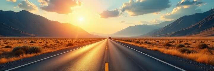 Fototapeta premium Sun-drenched highway stretching towards distant mountains, road, asphalt