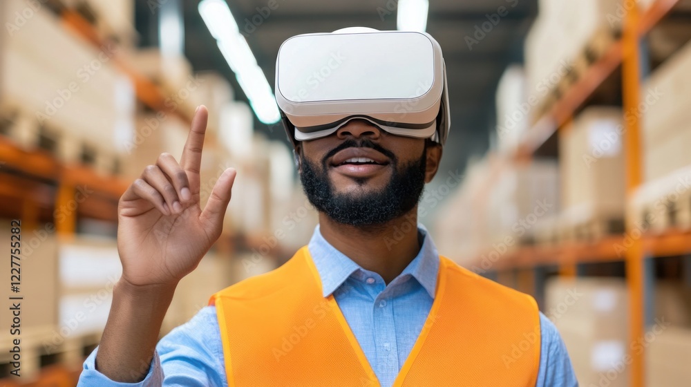 Poster photograph of a warehouse operator wearing vr glasses while directing ai-driven robots to move palle