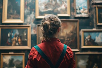 Woman admires classic paintings in an art gallery during a quiet afternoon visit