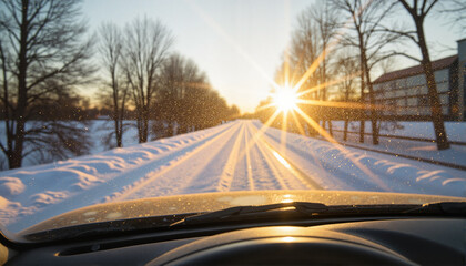 Winter sunrise over snowy road viewed from car near a building, Winter Car Detailing Theme