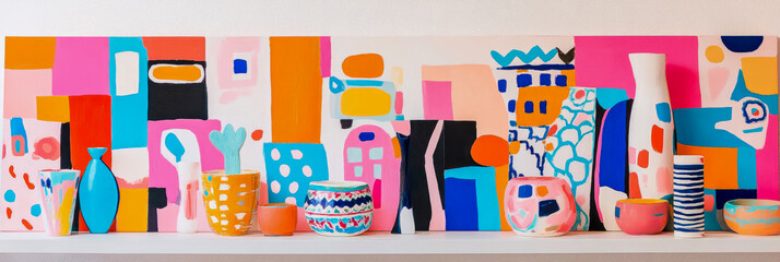 Vibrant Abstract Art: Colorful Pottery and Geometric Painting