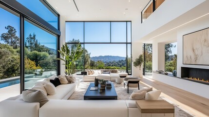 Fototapeta premium Modern living room, hilltop view, luxury home, sunny day, California design, interior design, real estate, spacious