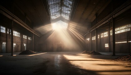 a single spotlight illuminates a dusty abandoned warehouse with beams of light cutting through the haze