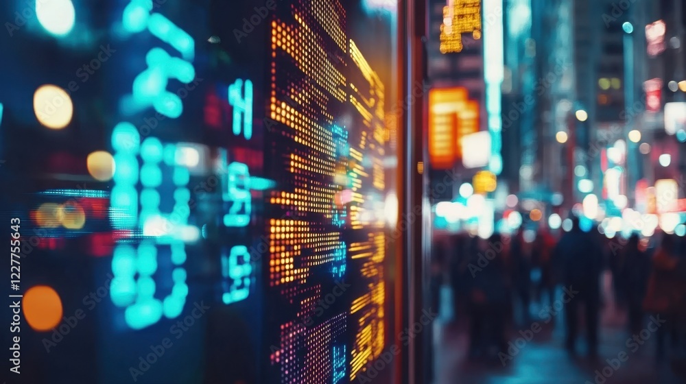 Poster large electronic display showing stock market data changing rapidly with colorful numbers and indica