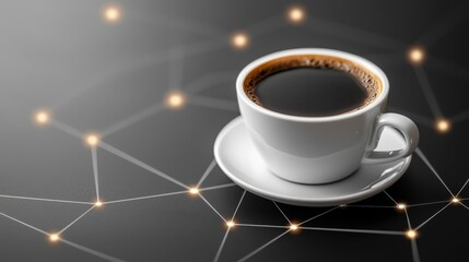 White coffee cup on a dark surface with futuristic glowing lines