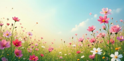 Obraz premium Wildflowers swaying gently in breeze Pastel hues paint the countryside , flowers, poppies