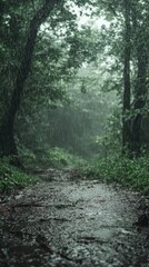 Obraz premium Rainy day walk through lush forest nature scene ground-level view serene environment tranquility and reflection