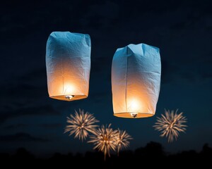 Floating Lanterns Against Fireworks in Night Sky Celebration
