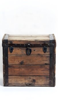 39. A rustic wooden trunk with metal accents, set against a clean white backdrop