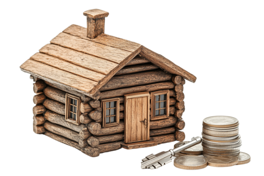 a cabin with keys on a stack of coins isolated on a transparent background