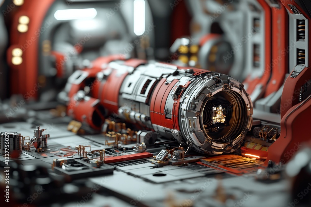 Poster intricate design of a futuristic spacecraft component in a high-tech environment