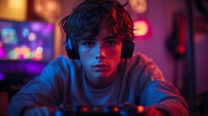 Obraz premium Teen Gamer Immersed in Virtual World