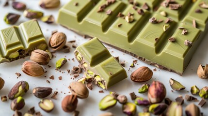 A luxury pistachio-filled chocolate bar with a cut-out section to reveal the green filling. Food background