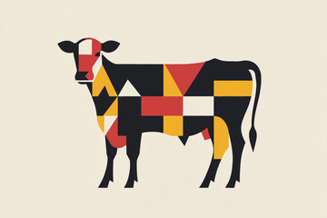 A stylized cow design featuring bold geometric shapes in red, yellow, and black against a light background, creating a playful and modern interpretation of traditional farm imagery.