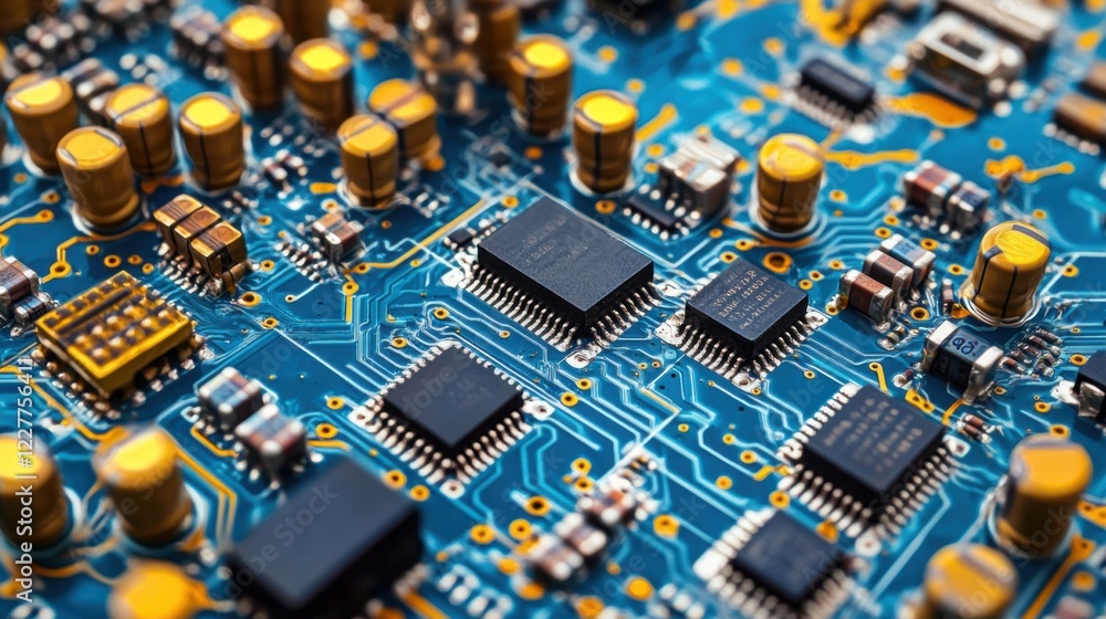 Poster a close up of a computer motherboard with many electronic components