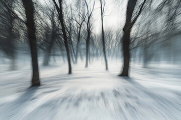 Obraz premium A serene winter landscape featuring tall, blurred trees amidst a snowy ground, creating a sense of movement and tranquility.