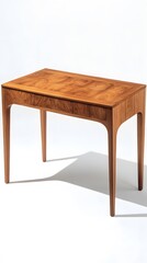 41. A wooden writing desk with sleek lines and a natural wood finish, isolated on a white surface