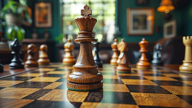 Close-up of a wooden chess king piece on a vintage chessboard in a cozy cafe