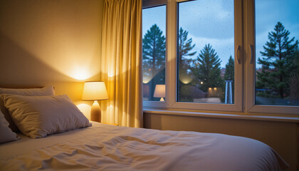 Cozy bedroom with soft lighting and pine tree view, Rainy Days Theme