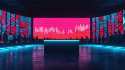 A vibrant digital display in a modern venue, featuring colorful data visuals and an illuminated stage, surrounded by an audience in a futuristic setting.
