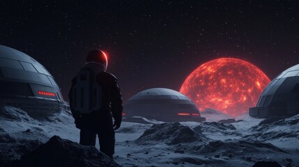 Obraz premium An astronaut stands on a lunar landscape, gazing at a massive red star illuminating futuristic domes in a cosmic setting.