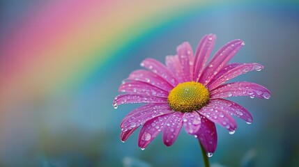 Dewy pink daisy, rainbow backdrop, garden, hope