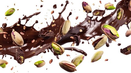 Fototapeta premium Melted dark chocolate with pistachio nuts and chocolate shavings on white background