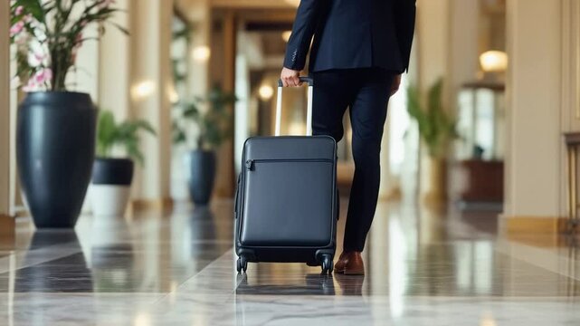 A traveler with a suitcase strides confidently through a stylish hotel lobby, showcasing a professional atmosphere suitable for meetings and networking during a business event in an urban setting