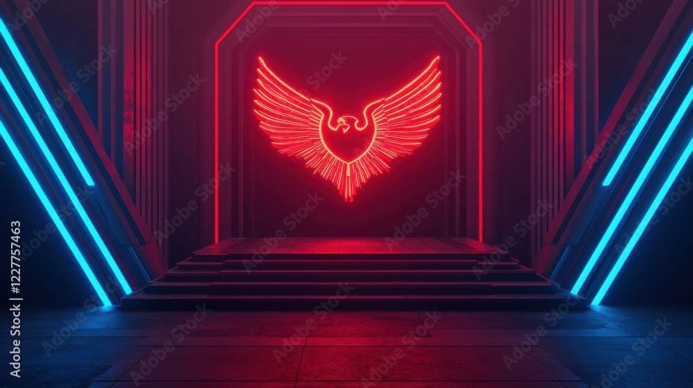 Poster a neon-lit space featuring a stylized winged emblem, illuminated in red and blue, creating a modern 