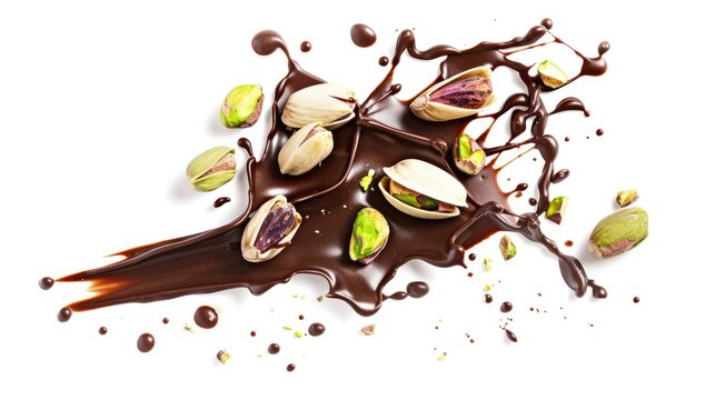 Melted dark chocolate with pistachio nuts and chocolate shavings on white background