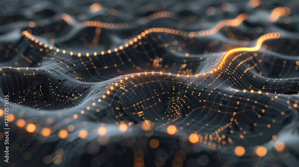 Poster abstract representation of flowing digital waves with glowing particles in a dark environment (1)