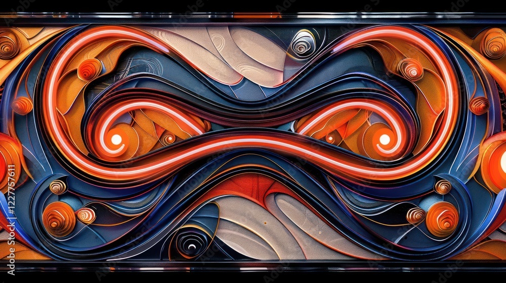 Poster abstract swirling design featuring vibrant colors and dynamic shapes, creating a sense of infinity
