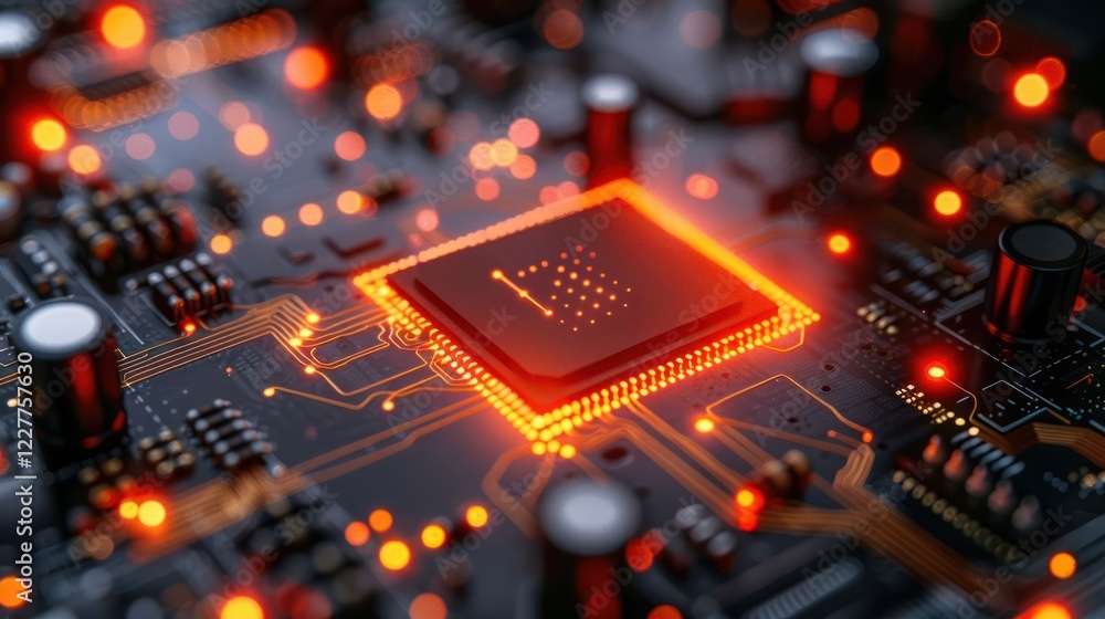 Poster close-up view of a glowing microchip on a circuit board with intricate connections and lights (1)