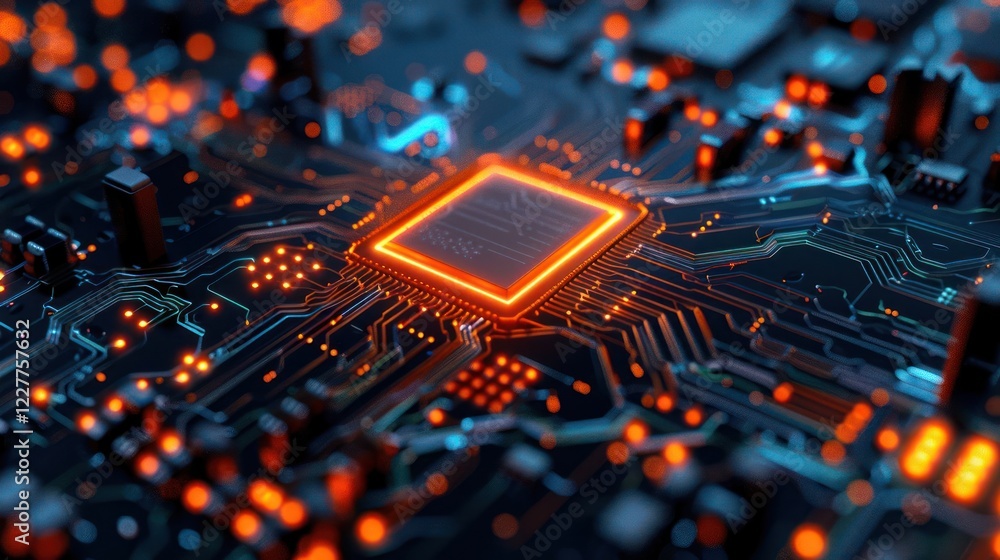Poster close-up view of a glowing microchip on a circuit board with intricate connections and lights (2)