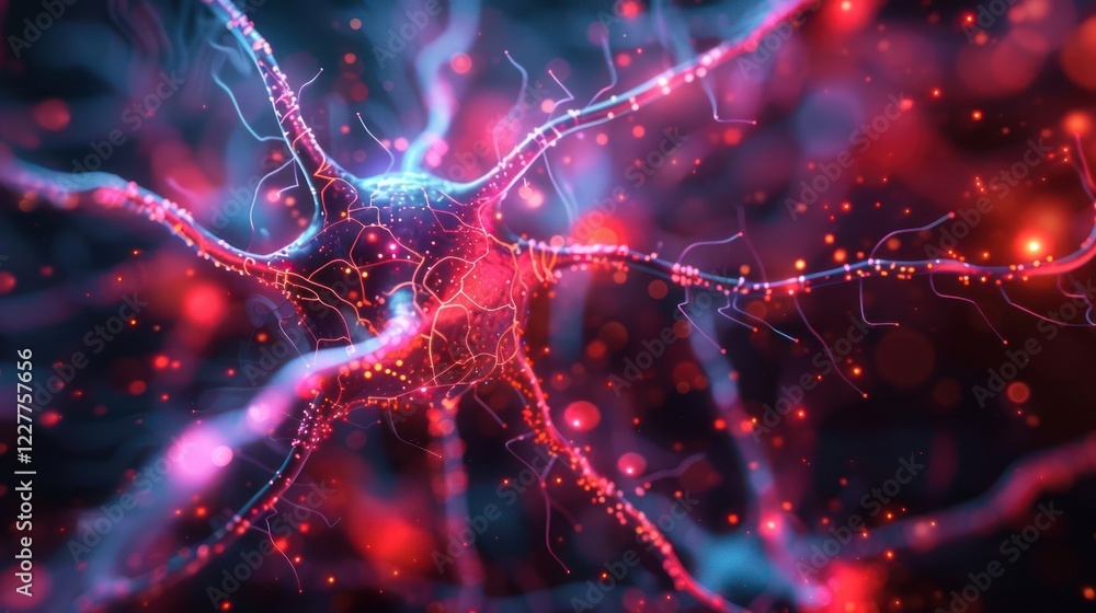 Poster close-up view of a vibrant neural network showcasing interconnected neurons and synapses