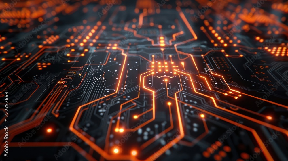 Poster close-up view of a vibrant circuit board with glowing orange lines and intricate patterns