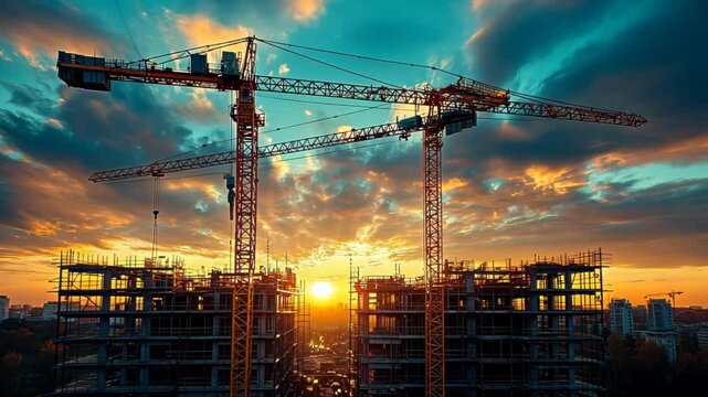 Construction cranes at sunset over an urban skyline with clouds