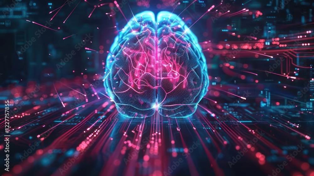 Poster futuristic digital brain with glowing neural connections and vibrant data streams in background