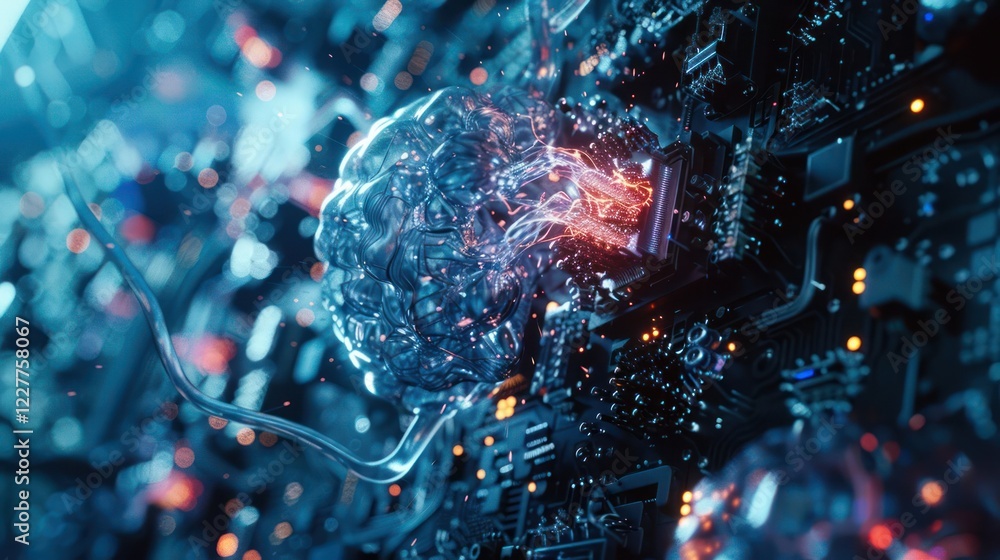 Poster abstract representation of a brain interacting with a circuit board in a futuristic setting