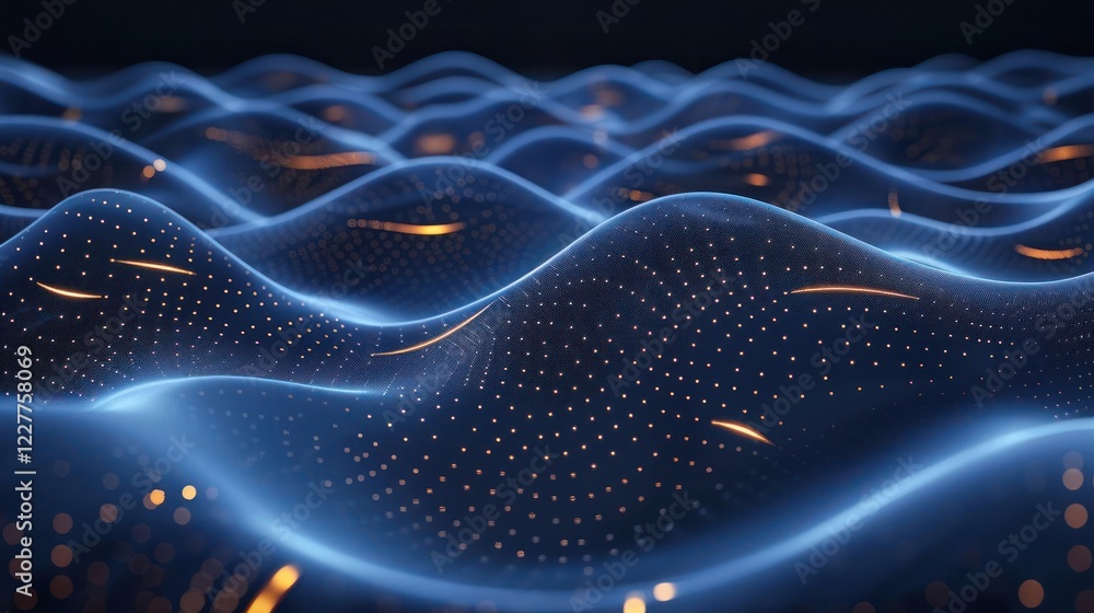 Poster abstract representation of flowing waves illuminated by glowing particles in a dark space
