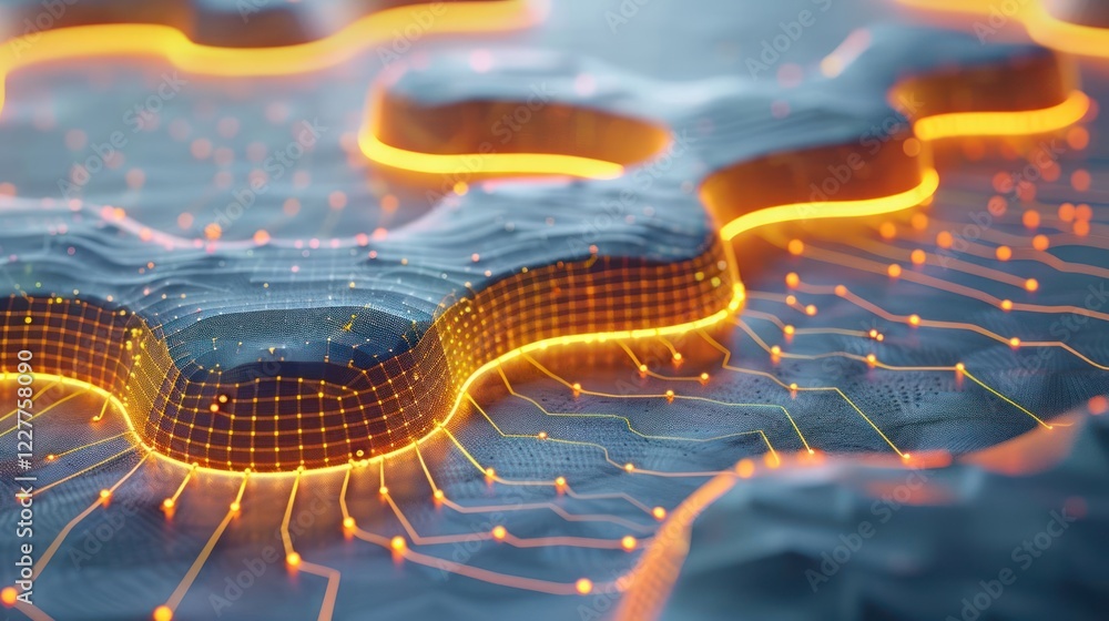 Poster abstract close-up of illuminated circuit patterns on a textured surface, showcasing technology integ
