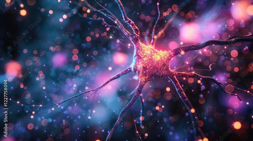 Poster vibrant depiction of a neuron with glowing connections and colorful particles in the background
