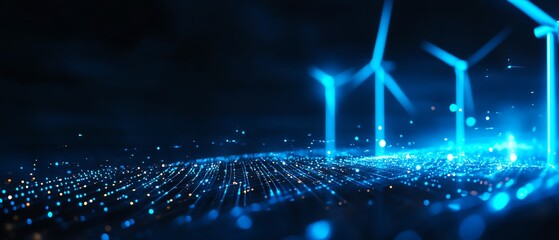Futuristic wind turbines in a digital landscape.