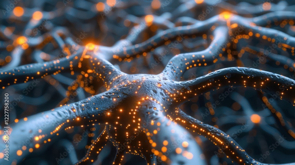 Poster intricate neural network structure illuminated by glowing nodes, symbolizing connectivity and techno
