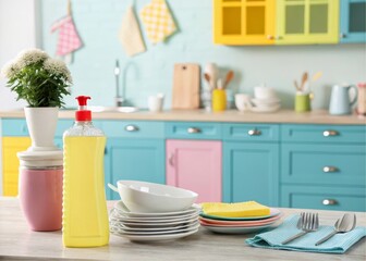 Fototapeta premium Modern Kitchen Setup with Detergent soap Dinnerware, Cookware, and Cleaning Supplies
