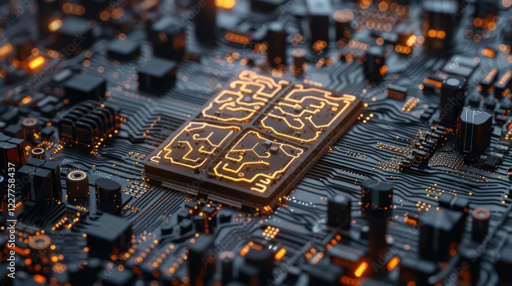 Poster close-up of a glowing microchip on a circuit board, showcasing intricate connections and technology