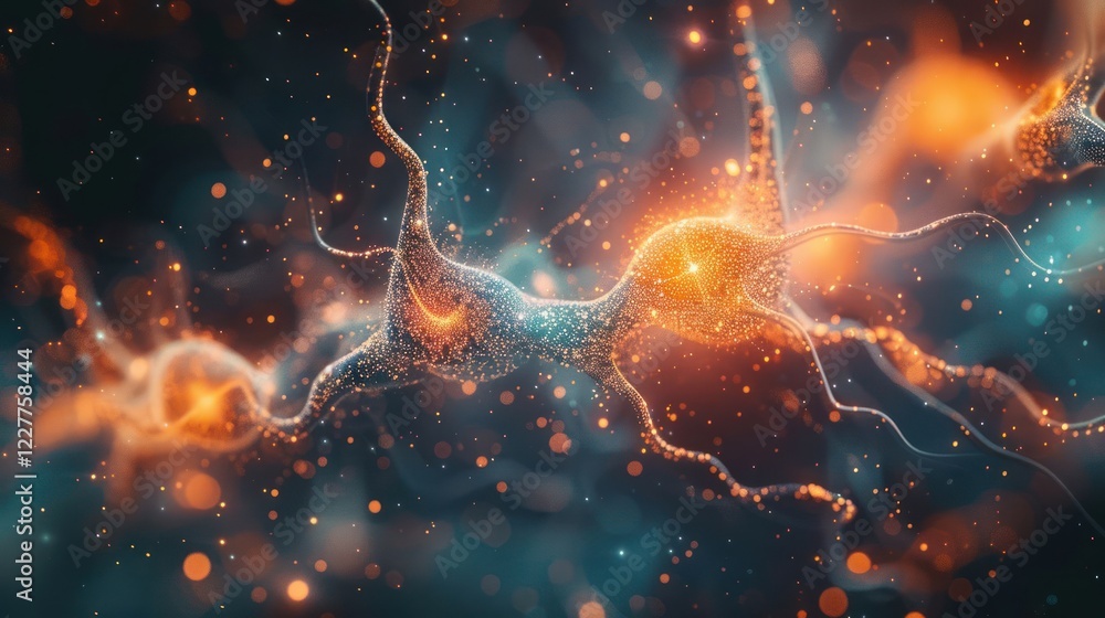 Poster abstract representation of neural connections illuminated with vibrant colors, showcasing dynamic in