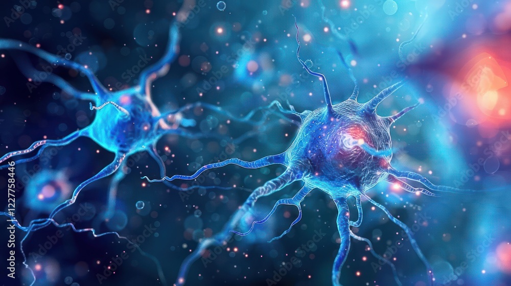 Poster close-up view of vibrant neurons interacting, showcasing cellular connections in a colorful backgrou